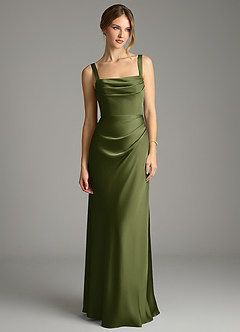 Azazie Alouette Bridesmaid Dresses Olive Mermaid Pleated Stretch Satin Dress image3