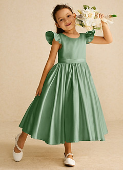 Azazie Violeta Flower Girl Dresses Matcha Ball-Gown Bow Matte Satin Dress image1