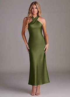 Azazie Doretta Bridesmaid Dresses Olive Mermaid Pleated Stretch Satin Dress image1