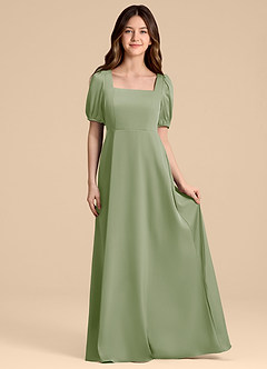 Azazie Briar Junior Vestido de Salvia Polvorienta de Satén Elástico de Corte en A con Lazo image4