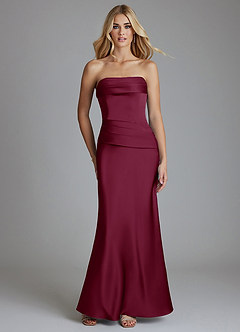 Azazie Lenya Bridesmaid Dresses Mulberry Sheath Pleated Stretch Satin Dress image1