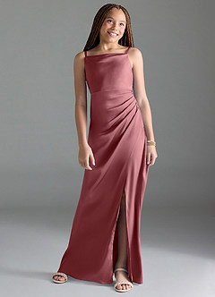 Azazie Leonis Junior Desert Rose A-Line Pleated Stretch Satin Dress image1
