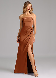Azazie Aretha Robes de demoiselle d'honneur Robe Trapèze Convertible en Satin extensible Sans bretelles Cuivre image5