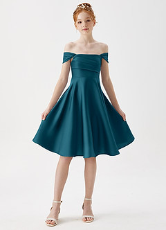 Azazie Amira Junior Ink Blue A-Line Pleated Stretch Satin Dress image5