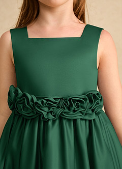 Azazie Peaches Flower Girl Dresses Dark Green A-Line Bow Matte Satin Dress image5