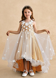 Azazie Celia Flower Girl Dresses Butterscotch A-Line Lace Tulle Dress image4