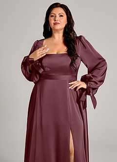 Azazie Leonia Jurken voor bruidsmeisjes Jurk van Stretch Satijn met A-Lijn Lange mouw Sangria image9