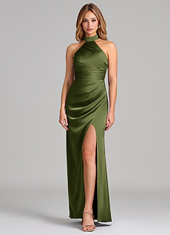 Azazie Karlotta Bridesmaid Dresses Olive Sheath Pleated Stretch Satin Dress image1