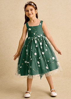 Azazie Bean Flower Girl Dresses Dark Green Ball-Gown Sleeveless Tulle Dress image3