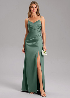 Azazie Azuree At-home Try On Dresses Dusty Sage A-Line Pleated Stretch Satin Dress image1