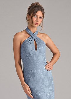Azazie Marlissa At-home Try On Dresses Dusty Blue Sheath Pleated Floral Burnout Dress image4