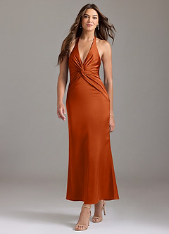 Azazie Valerie 신부 들러리 드레스 인어 주름진 스트레치 새틴 발목 길이 드레스 image3