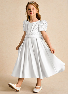 Azazie Miriam Blumenmädchenkleider Ballkleid Plissee Matte Satin Kleid Weiß image3
