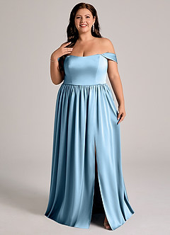 Azazie Calianna Robes de demoiselle d'honneur Robe Trapèze Convertible en Satin extensible Épaule décolletée Acier Bleuté image8