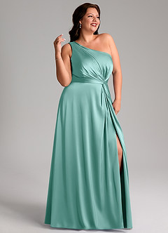 Azazie Brooke Bridesmaid Dresses Aqua A-Line One Shoulder Stretch Satin Dress image11