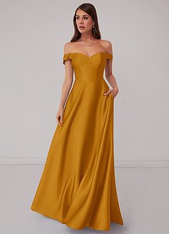 Barbie ♥ Azazie Robes de demoiselle d'honneur Robe Trapèze Convertible en Satin extensible Épaule décolletée Caramel écossais image2