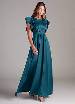 Azazie Daphne Modest Bridesmaid Dresses A-Line Ruched Stretch Satin Floor-Length Dress image3