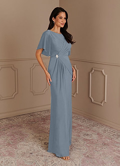 Azazie Louanne Mother of the Bride Dresses Dusty Blue Mermaid Boatneck Pleated Luxe Knit Dress image2