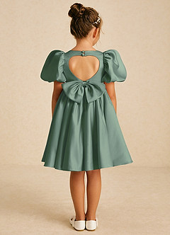 Azazie Muffin Robe Demoiselle D'honneur Fillette Robe Trapèze en Mat Satiné avec manches Eucalyptus image1