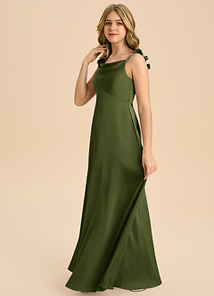 Azazie Gumdrop Junior Olive Empire Pleated Stretch Satin Dress image5