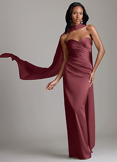 Azazie Sonora Vestidos de damas de honor Vestido de Merlot de Satén Elástico de Corte Recto con Sin tirantes image1
