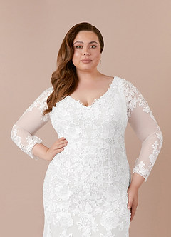 Azazie Dulce Amor Wedding Dresses Diamond White Mermaid V-Neck lace Tulle Dress image16