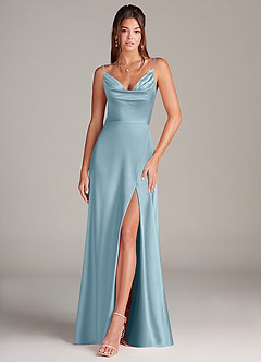 Azazie Sarella Bridesmaid Dresses Moody Blue A-Line Pleated Stretch Satin Dress image1