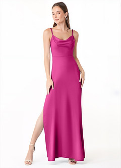 Azazie Alaija Bridesmaid Dresses Fuchsia Mermaid Side Slit Stretch Satin Dress image2