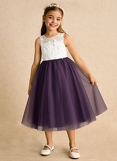 Azazie Lina Flower Girl Dresses Ivory Plum Ball-Gown Lace Dress image2
