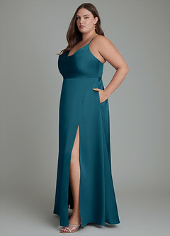 Azazie Sarella Bridesmaid Dresses Ink Blue A-Line Pleated Stretch Satin Dress image12