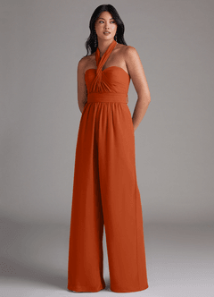 Azazie Lamara Robes de demoiselle d'honneur Combinaison Convertible en Mousseline de soie Épaule décolletée Orange Brûlée image8