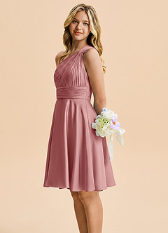 Azazie Charlize Junior Vestido Rosa Polvorienta de Satén Elástico de Corte en A con Plisado image3