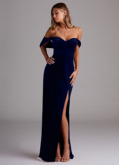 Azazie Shay Bridesmaid Dresses Dark Navy Sheath Off the Shoulder Velvet Convertible Dress image1