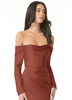 Azazie Hallie Bridesmaid Dresses Auburn Sheath Off-The-Shoulder Long Sleeve Stretch Satin Convertible Dress image1