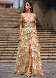 Glitz Champagne Ruffled A-line Prom Dress image3