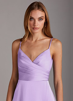 Azazie Calissa Bridesmaid Dresses Lilac A-Line V-Neck Pleated Stretch Satin Dress image5