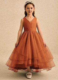 Azazie Seraphina Robe Demoiselle D'honneur Fillette Robe Trapèze en Tulle Plissée Cannelle image1
