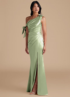 Azazie Xyla Bridesmaid Dresses Dusty Sage Sheath Off the Shoulder Metallic Satin Convertible Dress image6
