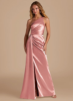 Azazie Mika Bridesmaid Dresses Dusty Rose Sheath One Shoulder Metallic Satin Dress image1