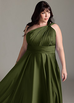 Azazie Charlize Robes de demoiselle d'honneur Robe Trapèze en Satin extensible Asymétrique Olive image7