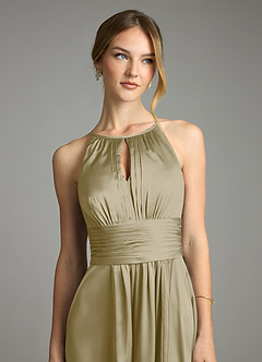 Azazie Bonnie Bridesmaid Dresses Moss Green A-Line Pleated Stretch Satin Dress image2