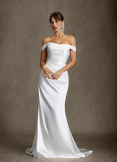 Azazie Darlene Wedding Dresses Diamond White Mermaid Off the Shoulder Metallic Satin Dress image5