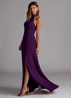 Azazie Myra Bridesmaid Dresses Grape A-Line Side Slit Stretch Satin Dress image5