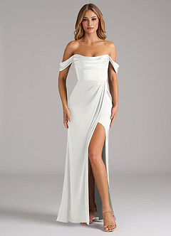 Azazie Johana Robes de demoiselle d'honneur Robe Sirène Convertible en Satin extensible Épaule décolletée Blanc image3