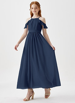 Azazie Chaya Junior Dark Navy A-Line Off the Shoulder Chiffon Dress image5