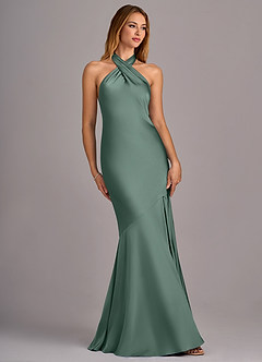 Azazie Lorena At-home Try On Dresses Dusty Blue Mermaid Pleated Stretch Satin Dress image3