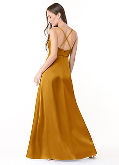 Azazie Naomie Abiti da Damigella Abito A-Line in Raso Elasticizzato con Scollo a Cappuccio e Spacco Laterale Caramello image2