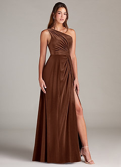 Azazie Brooke Abiti da Damigella Abito A-Line in Velluto Monospalla Terra D'ombra image3