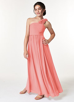 Azazie Flower Junior Coral A-Line Pleated Chiffon Dress image5
