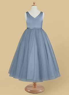 Azazie Marybell Flower Girl Dresses Dusty Blue A-Line Bow Tulle Dress image5